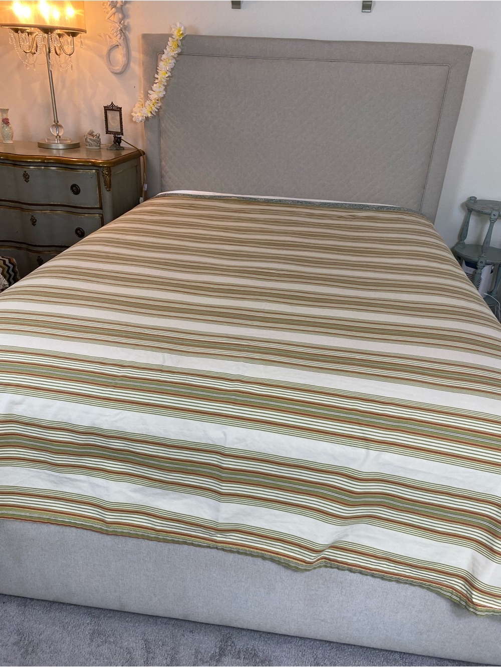 Striped Cotton flat sheet in Cream, Tan & olive green earth-tones striped